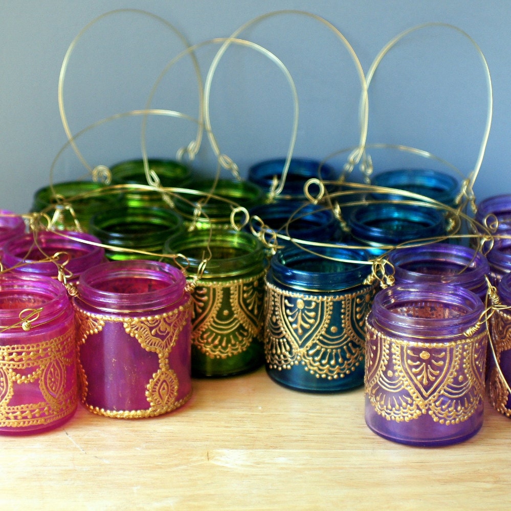 Moroccan Lantern Hanging Jar Candle Holder with Teal Glass and Golden Detailing