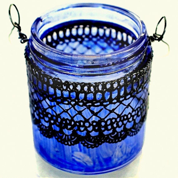 3 Small Morrocan Inspired Candle Lanterns, Amethyst Tinted  Glass With Black Accents