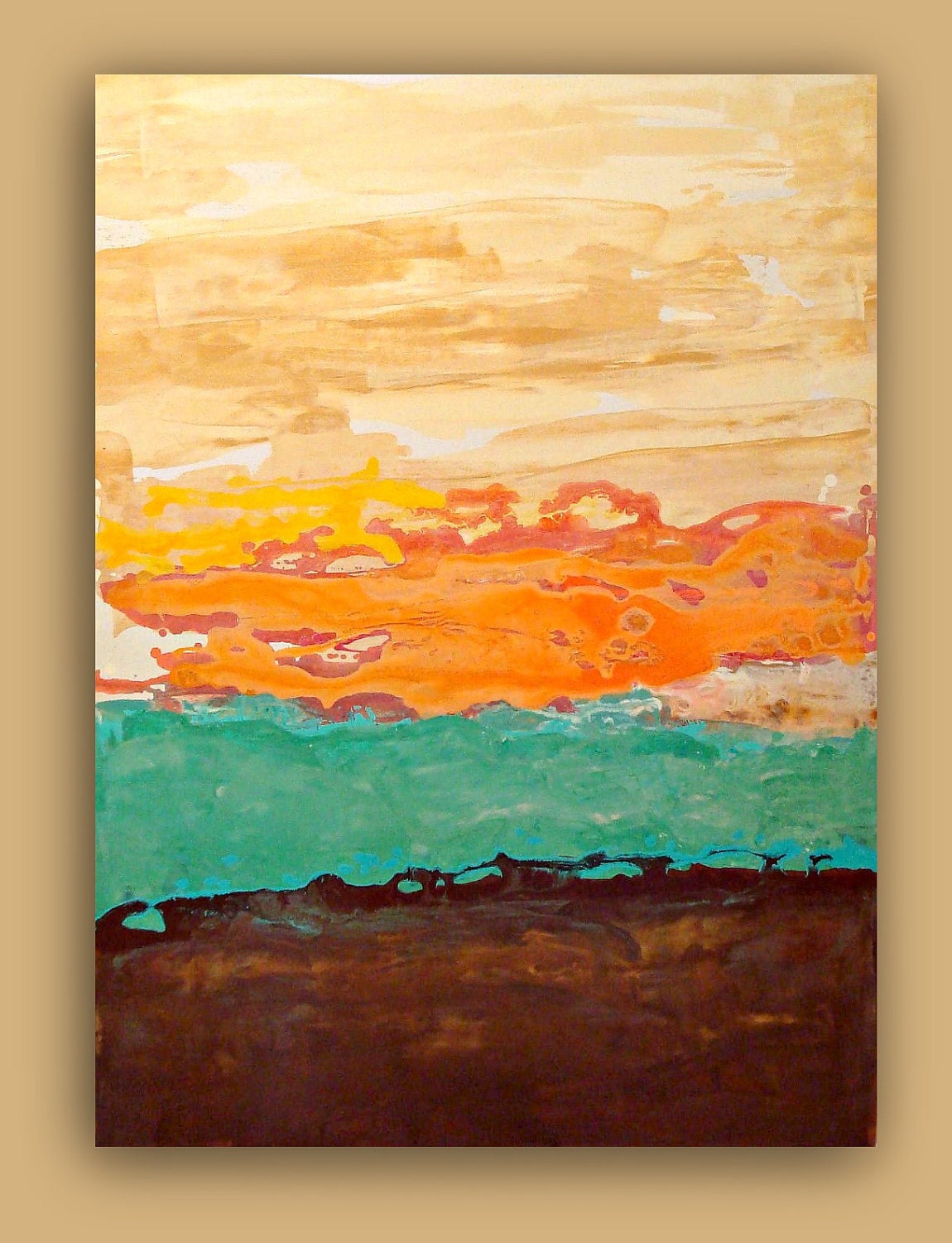 AQUA and ORANGE Abstract Acrylic Art Titled: Aqua Waves Abstract Acrylic Fine Art Painting on Gallery Canvas 30x40X1.5"