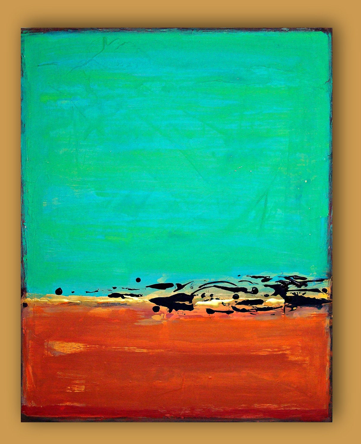 Art Abstract Painting Aqua and Orange Original Fine Art on Gallery Canvas Titled: Orient 24x30x1.5" by Ora Birenbaum