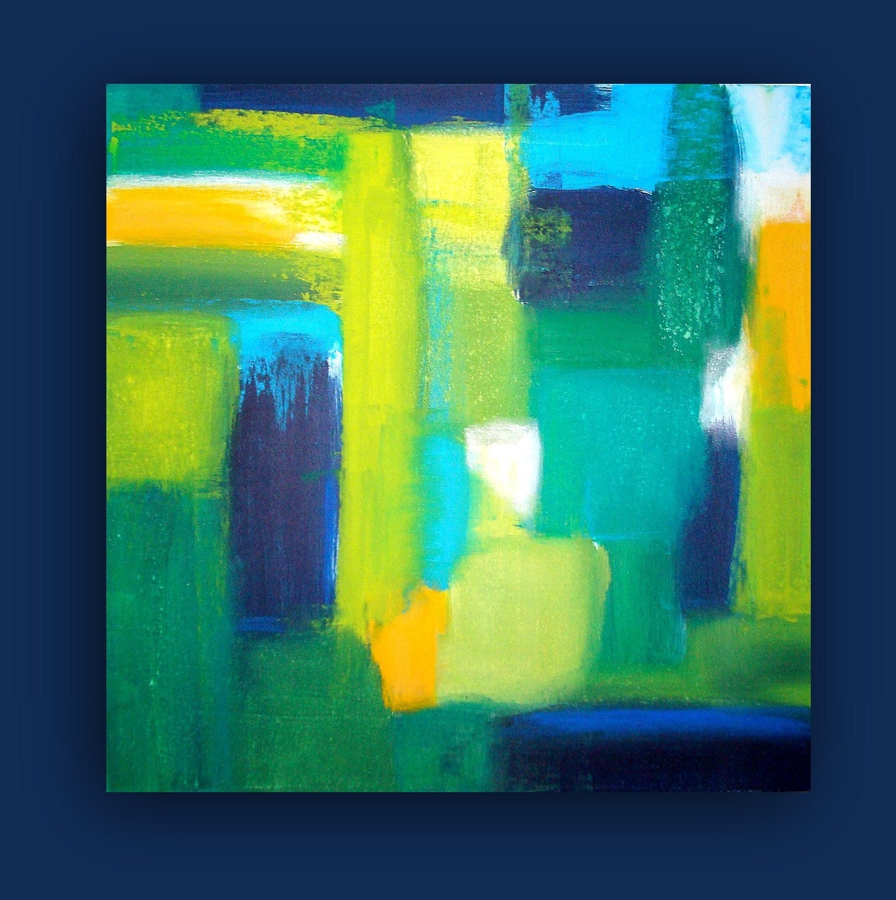 ORIGINAL Blue and Green Abstract Acrylic Painting on Gallery Canvas Titled: UPTOWN. 30x30x1.5" byOra Birenbaum Abstract.