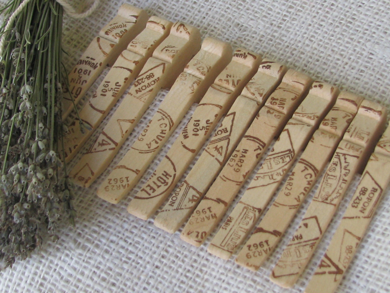 Vintage French Postmark Wooden Clothespins