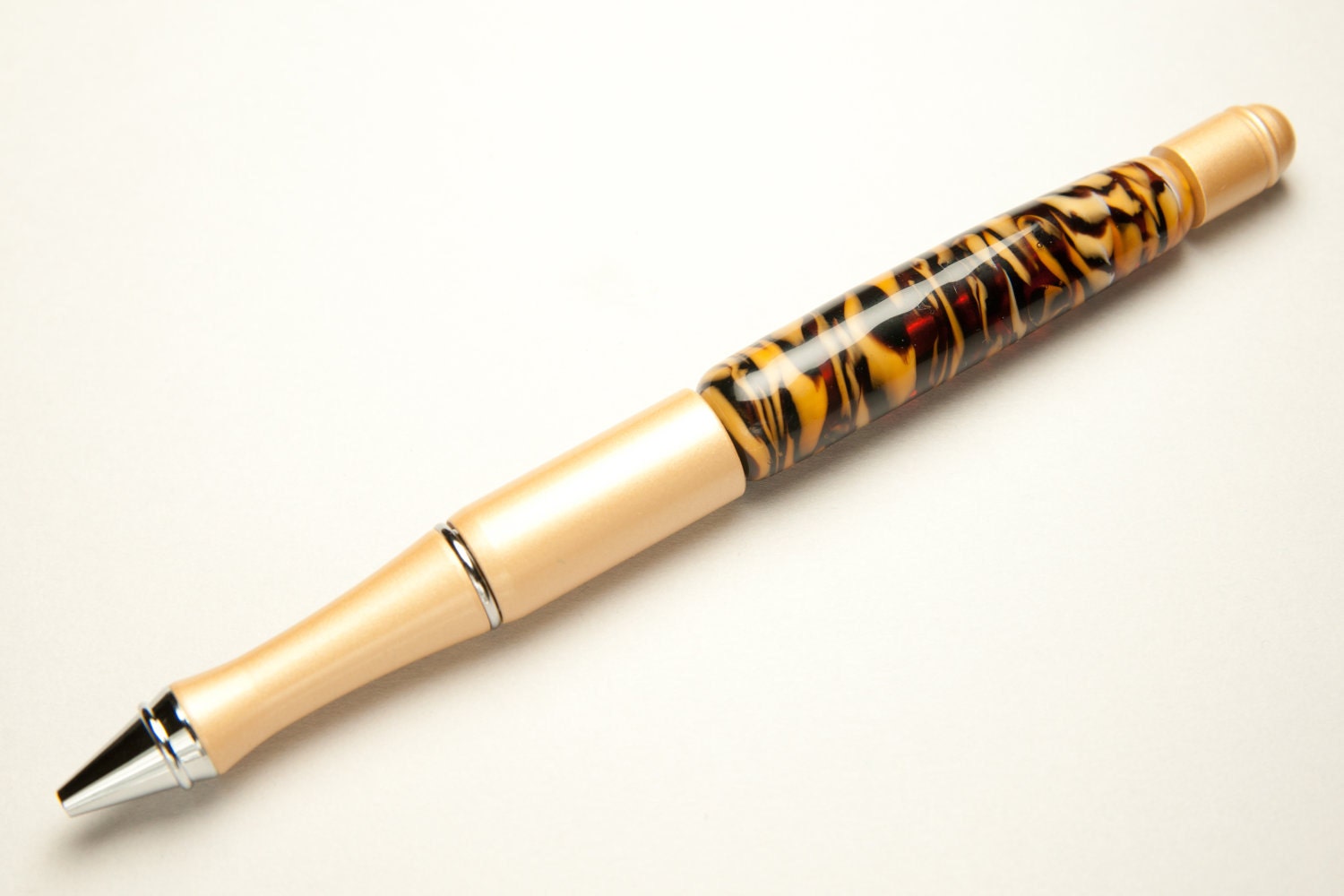 Satin-Gold Colored Stainless Steel  Ball Point Pen, with a Tiger Stripe Animal Print Lampworked Glass Bead - UMIUTI