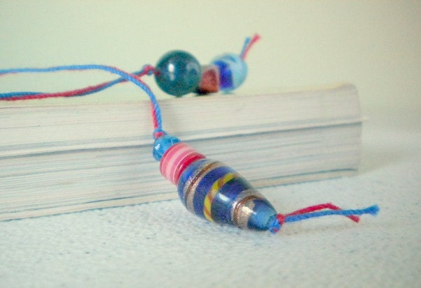 Clashing Dark Blue, Red, and Pink Beaded Book Thong - Glass and Polymer Beads on Double Thread