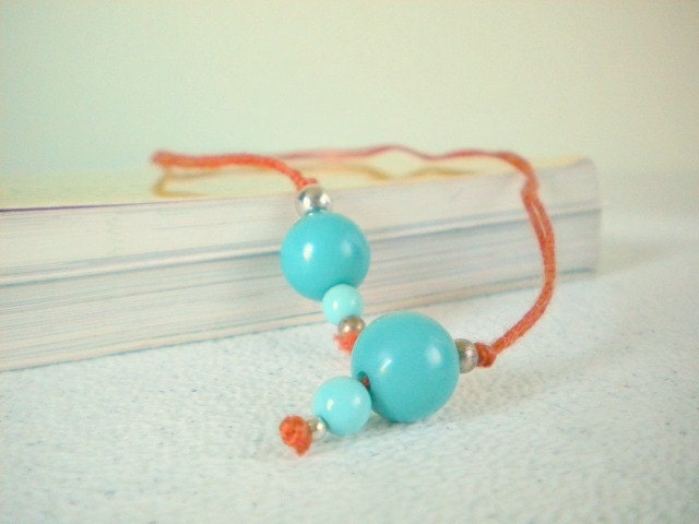 Vibrant Turquoise Blue and Pumpkin Orange Beaded Book Thong - Plastic and Metal Beads on Double Thread