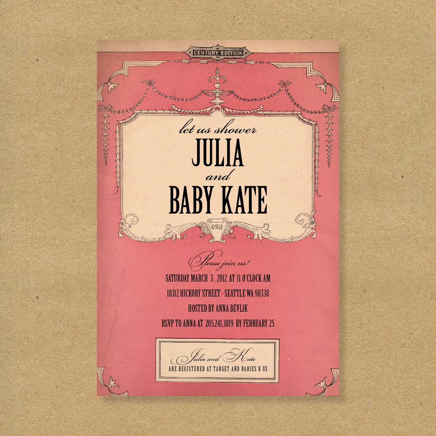 Baby Shower Invitation - Girly Antique Book Cover - Pink and Cream