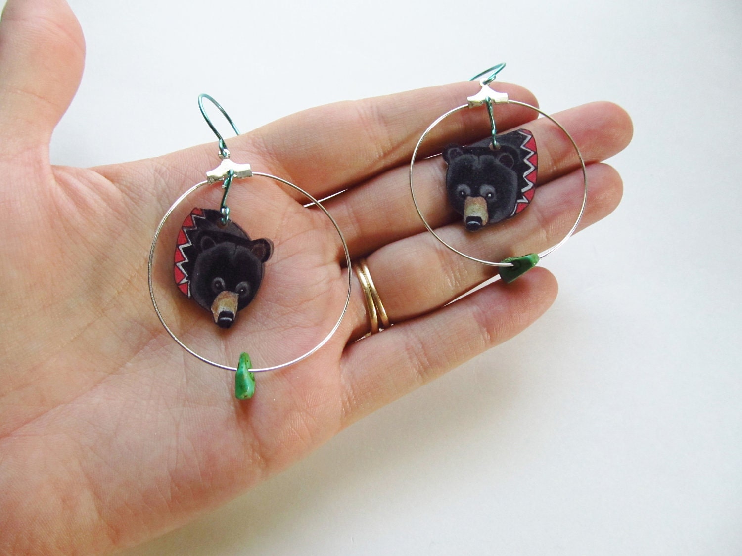 Black Bear Earrings  / Chevron Earrings / Hoop Earrings / Turquoise  / Woodland Animal / Zig Zag / Shrink Plastic Jewelry / Wearable Art