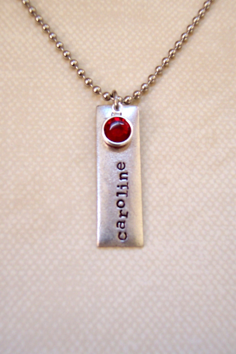 Hand stamped personalized antiqued silver metal rectangle mothers necklace grandmothers girls name birthstone or pearl