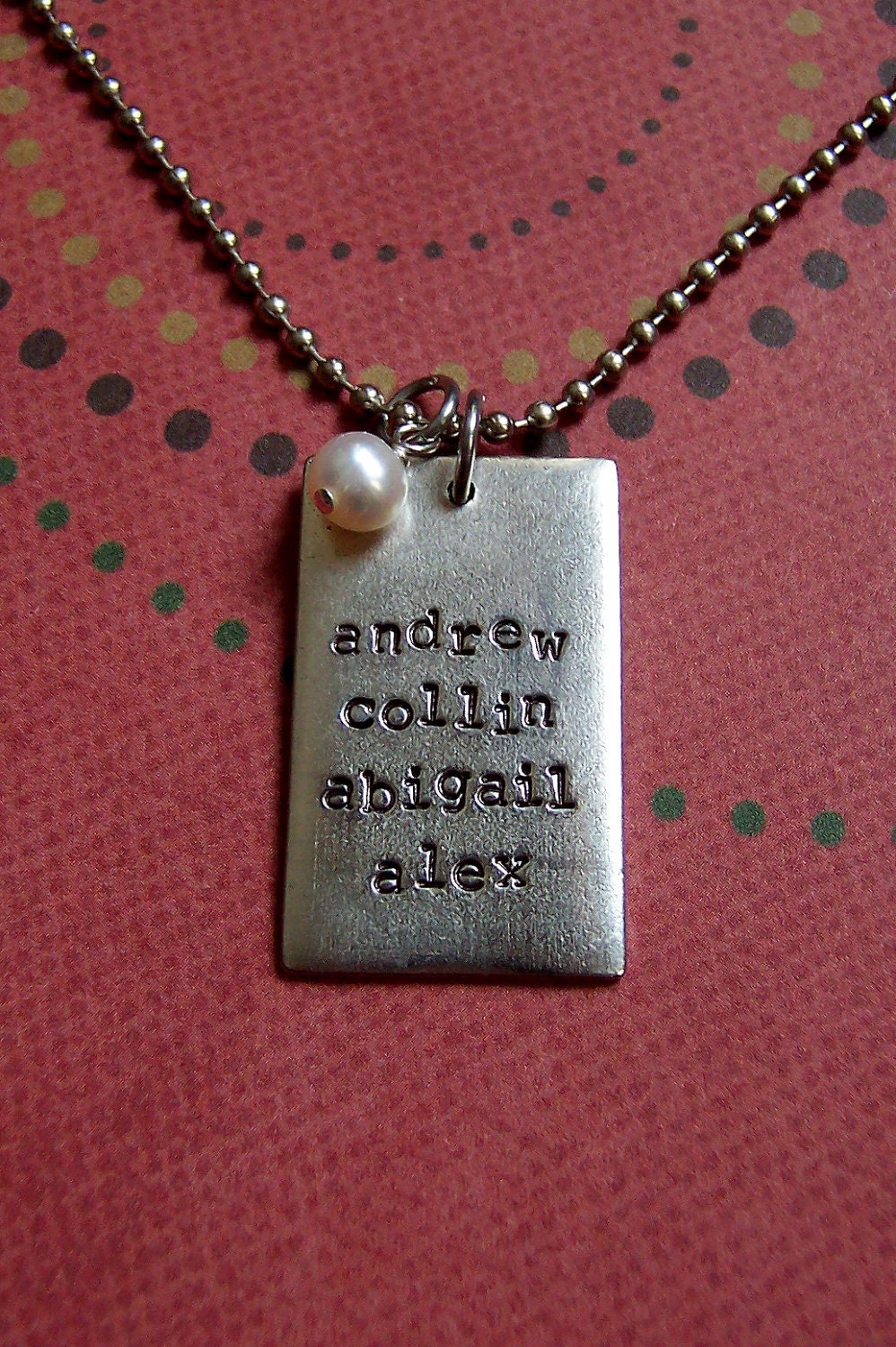 Rectangular antiqued silver metal stamped and personalized necklace perfect for mother's, daughters, anyone.