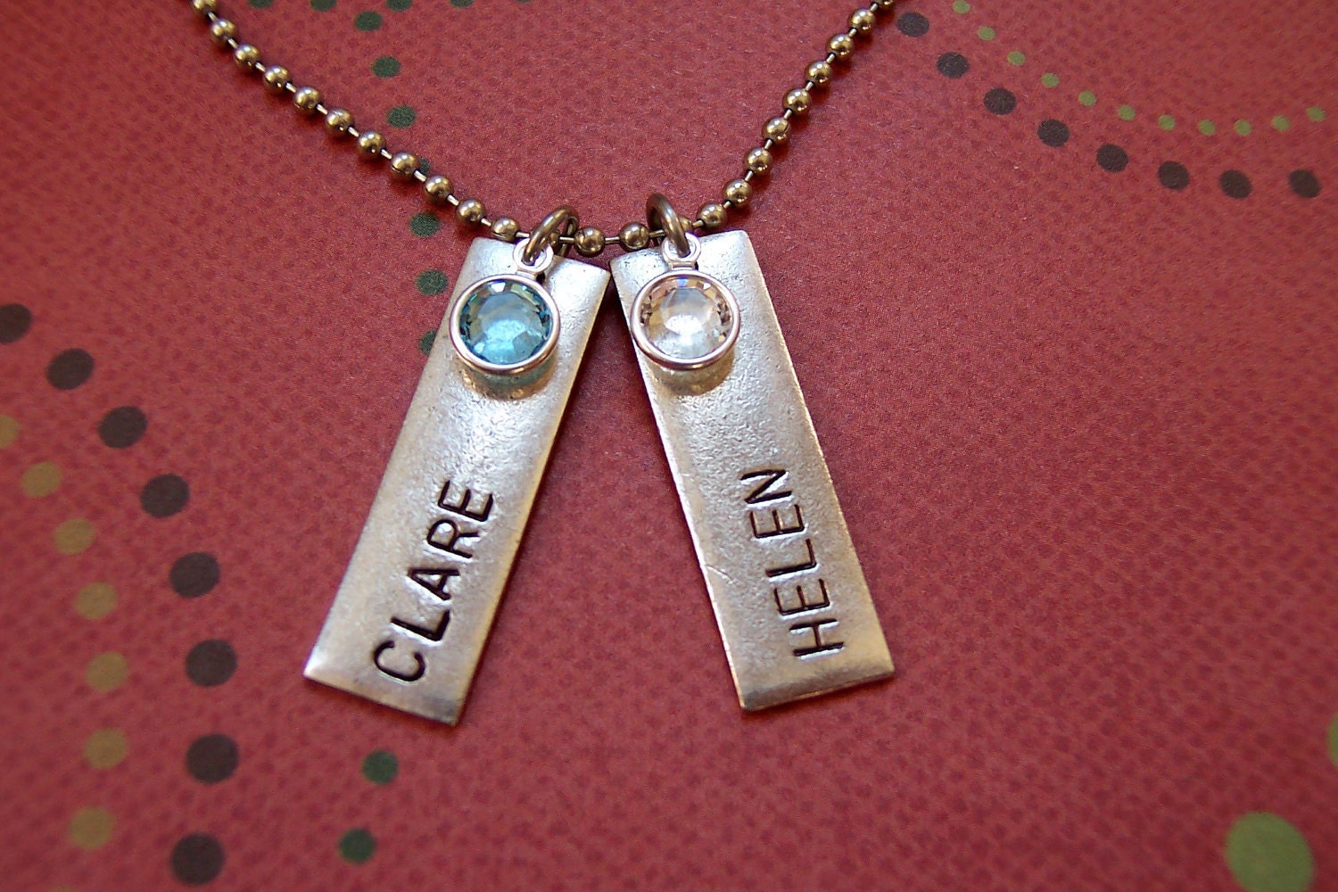 Personalized hand stamped antiqued metal rectangle mothers necklace with birthstones names