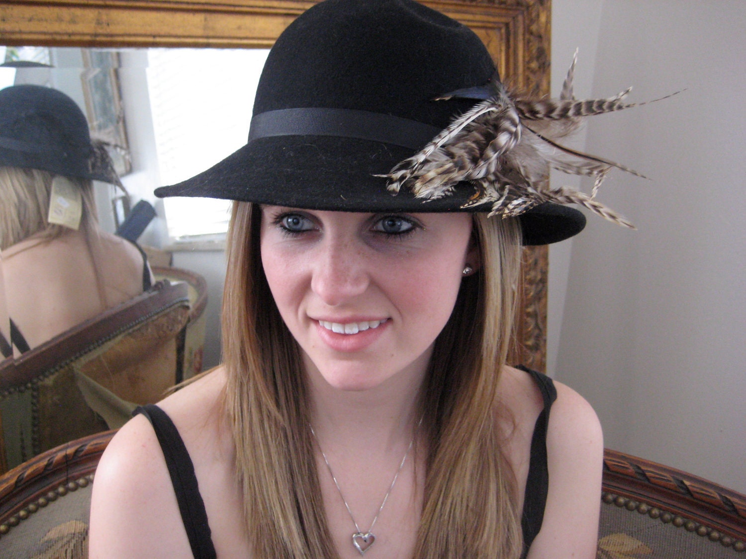 Vintage 1960s  fedora black felt with pheasant feathers- NEVER WORN--Still with tags