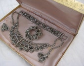 Weiss Smokey Topaz SET - SALE--Vintage bib necklace, bracelet, earrings, brooch in original