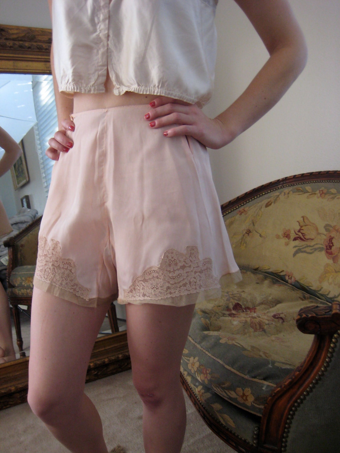 Never worn- 30s/40s tap pamts- delicate silk crepe peach with heavy lace trim
