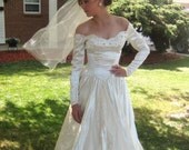 1940s Wedding Dress/Vintage LIquid Satin/ Original Veil/Pearls, Lace, Sequins/,Huge 7' Train/Perfect Condition/SALE