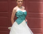 50s Prom Dress Vintage, Strapless, tulle, sequins, wrapped bodice. Teal/green and white