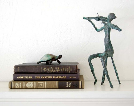 Violin player bronze sculpture verdigris patina musical art decor