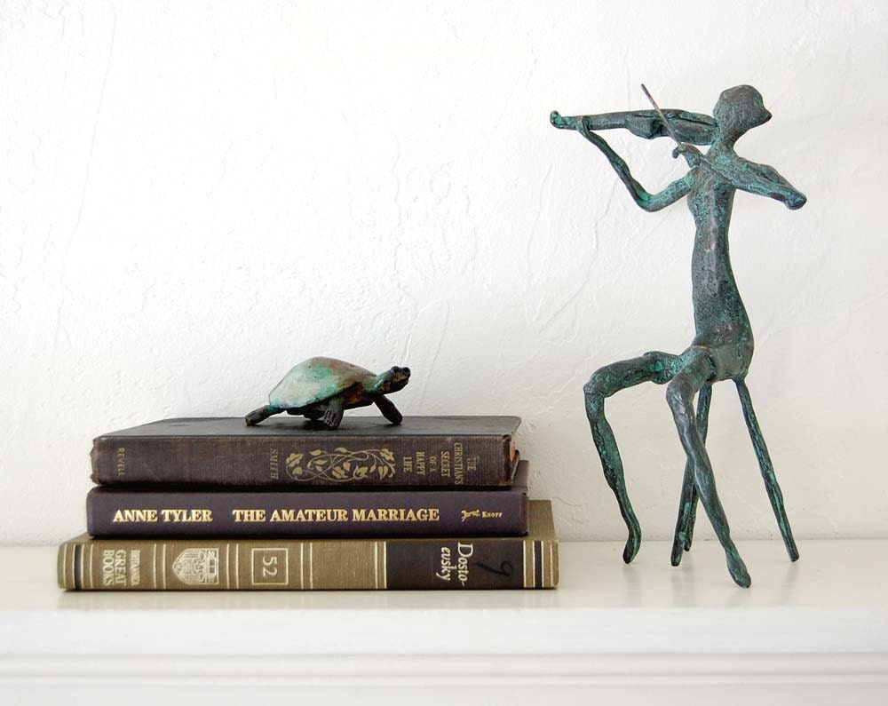 Violin player bronze sculpture verdigris patina musical art decor