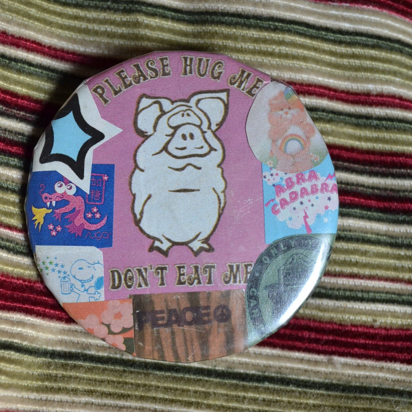 Handmade Collage Pinback Button 2 1/4 inch. Peace, Cruelty Free, Vegan, Cute Kawaii, Fun Gift. Unique OOAK Ready to Ship Eco Friendly