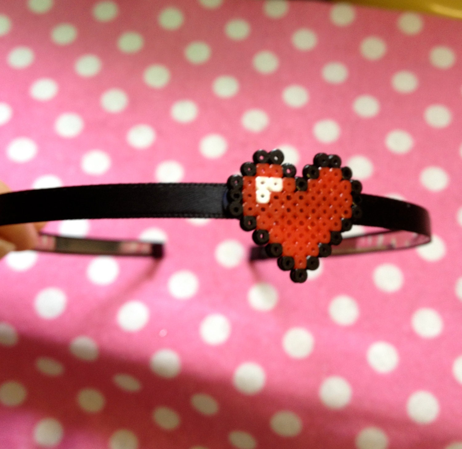Ribbon Covered Mini Hama Bead Love Heart 8 Bit Pixel Geek Headband