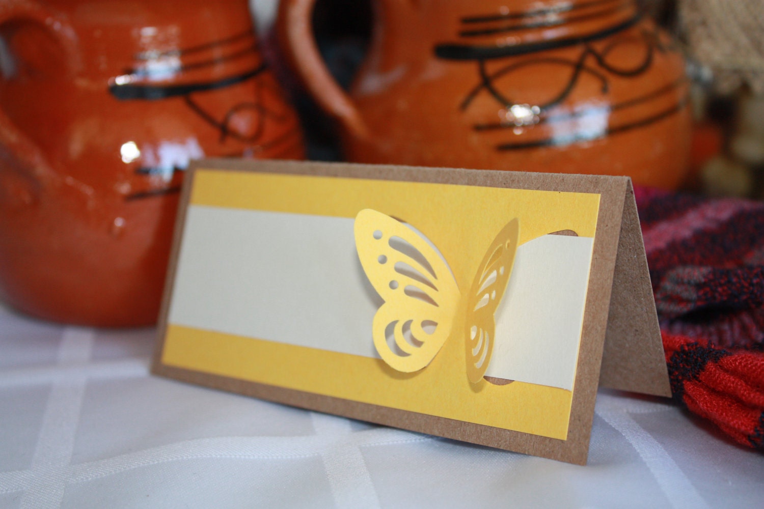 Yellow Escort Place Card with 3D butterfly, made with Organic Recycle Paper - table tag, place tag