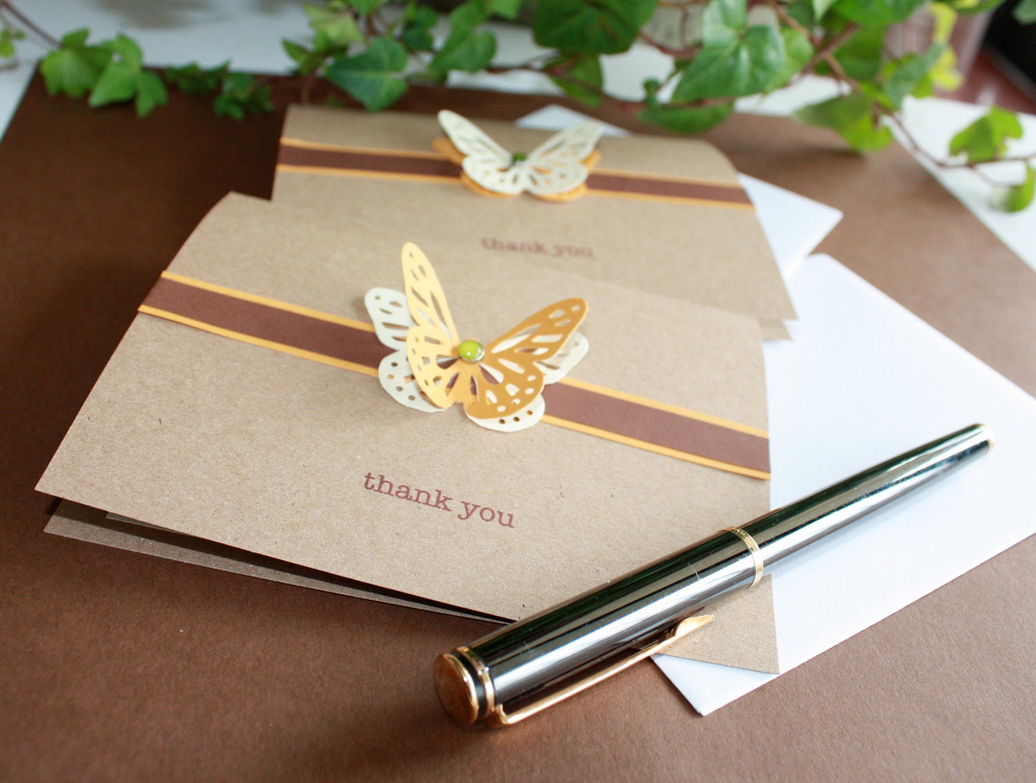 Orange, yellow, beige, brown butterfly Thank You Note card, envelope, made using recycle paper, for fall weddings, halloween, thanksgiving.