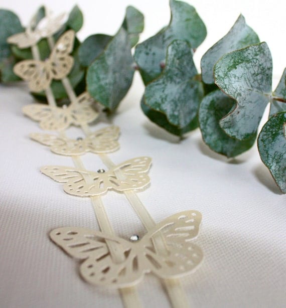 Butterfly Garland Ornament, centerpiece decor for Wedding, Christmas, Holiday, Paper on a satin ribbon, with crystals