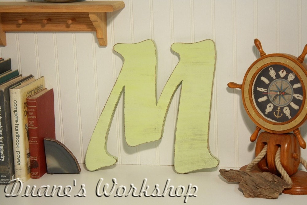 13" m wooden letter, Wall hanging, Pistachio Ice Cream, Shabby chic, wooden letters, home decor, Housewares, Wall Decor
