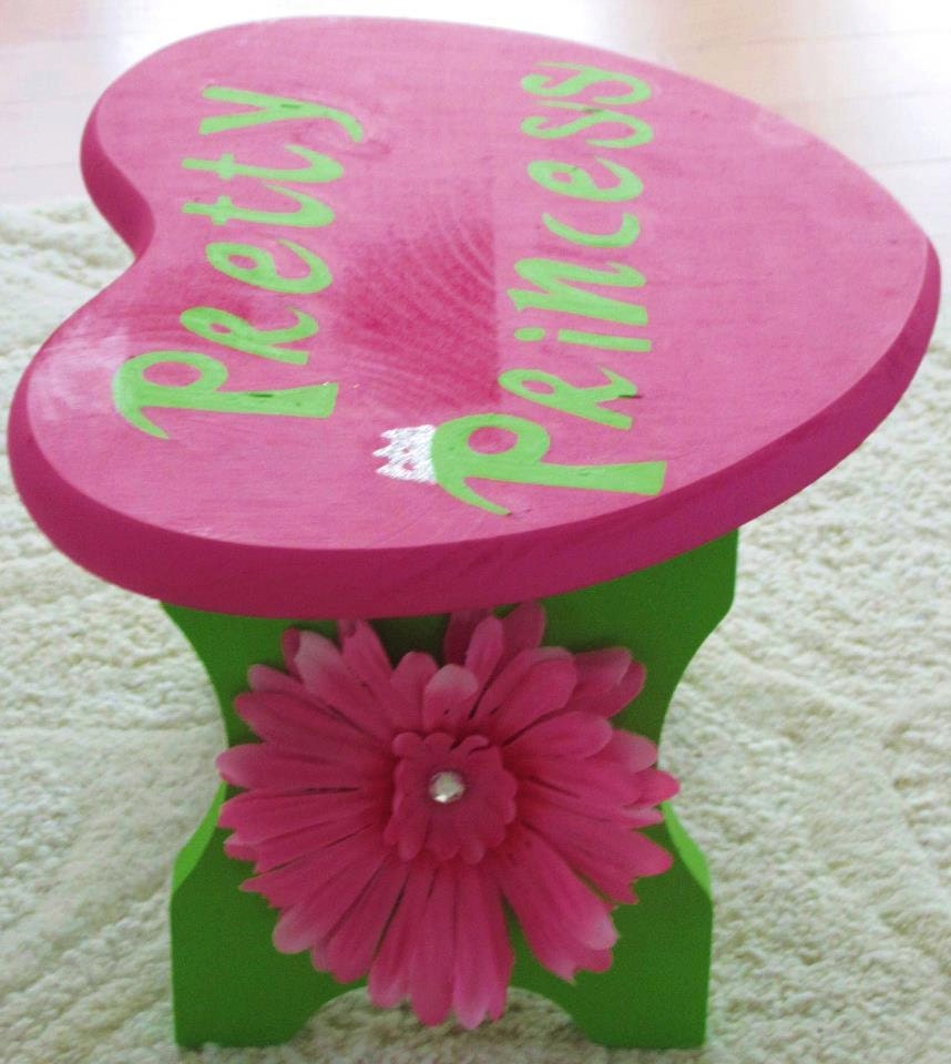 Pretty Princess Stool-Hand Painted-Pink-Green-Flower-Bow-Crown-Glitter-Nursery-Kids-Children-Affordable-Gift-Unique