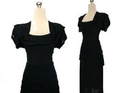 Vintage 1940s Black Dress, Bias Pepum S / M