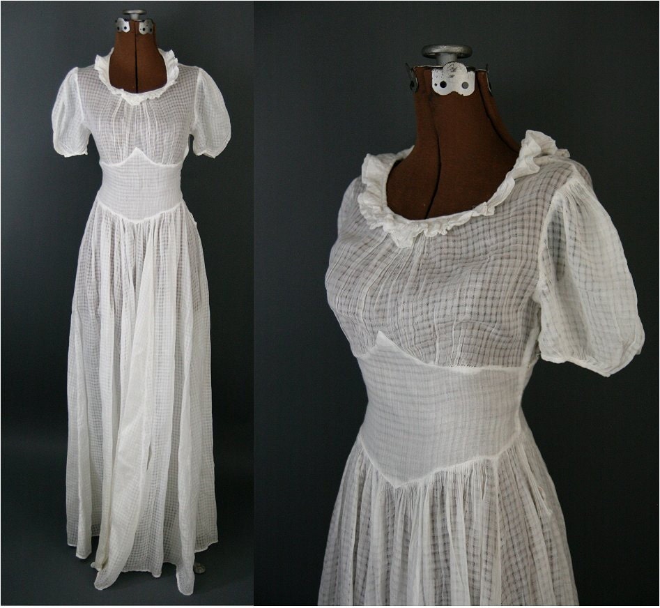 Antique / Victorian Summer Gown, White Gauze, XS / S