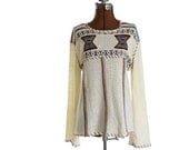1970s Vintage Oversized Beach Sweater, Tribal Intarsia, Cream XS / S / M / L / Xl