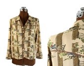 1970s / 1980s Vintage Equestrian Print Blouse, XS / S / M Petite