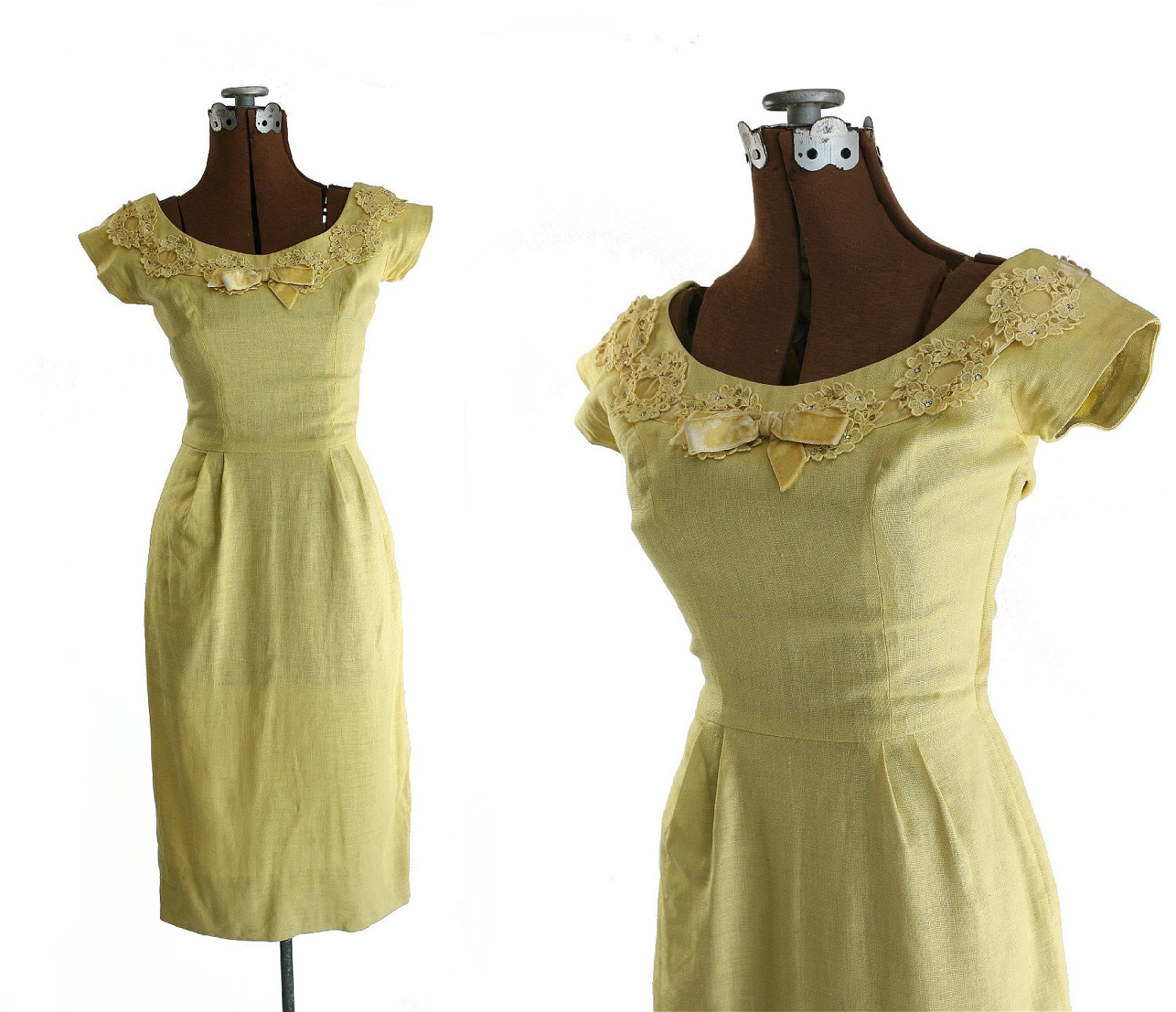Vintage 1960s Linen Wiggle Dress, Mustard, Small
