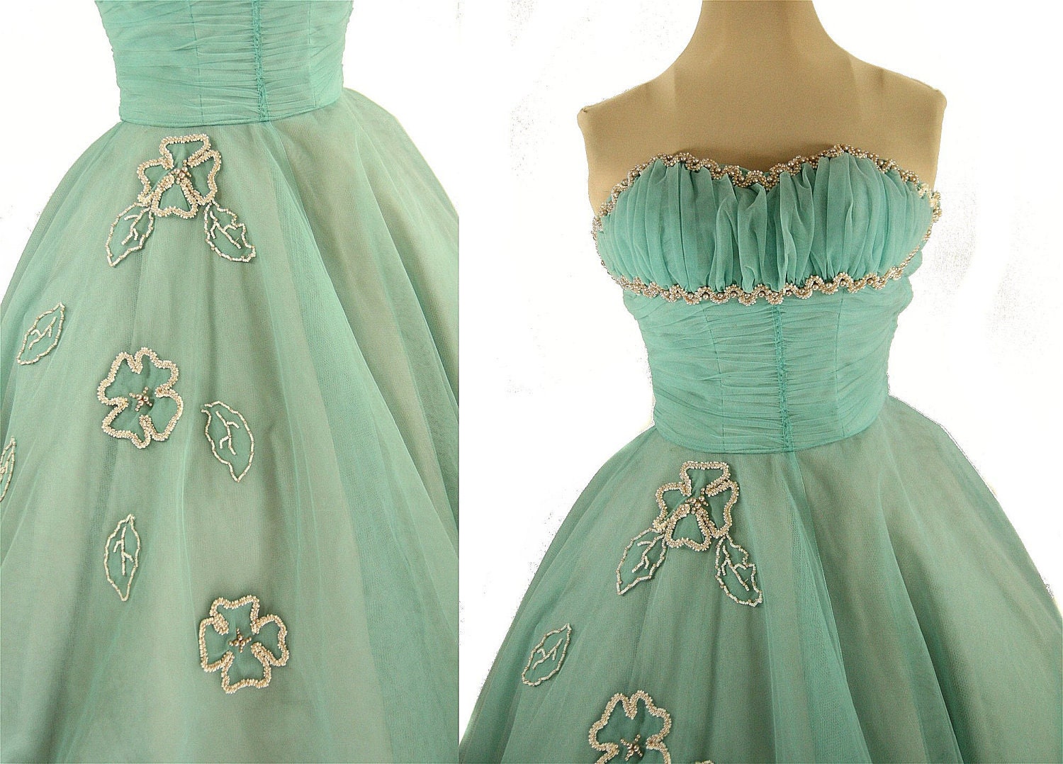 50s Fifties Strapless Ball Gown Dress, XS Aqua Chiffon & Pearls