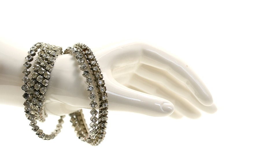 Vintage 1950s / 1960s Rhinestone Bracelets Set, Silver / Clear
