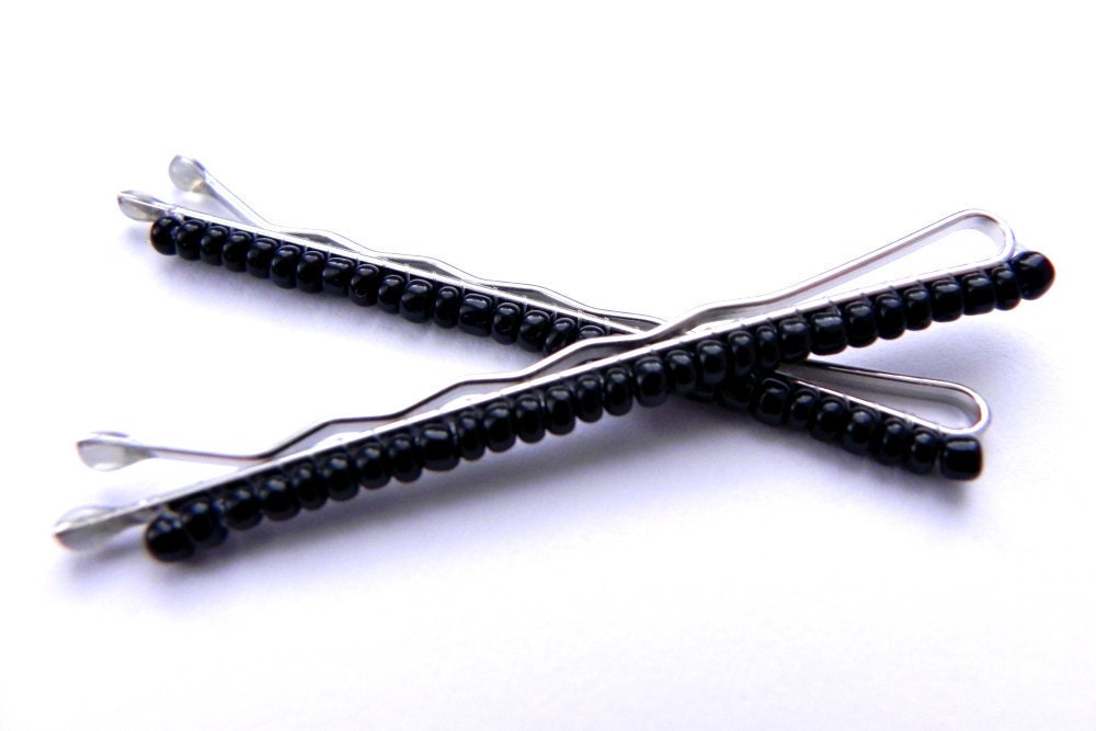 Beaded Bobby Pins: black seed bead hand beaded bobby pins for hair, gifts for her, hair accessories, girls, women, black bobby pins