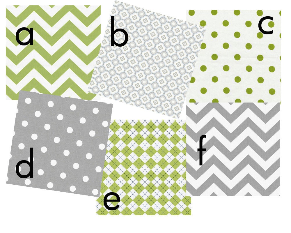 Custom 2 piece Baby Bedding Set--Crib skirt & Bumper Pads (Lime and Gray Geometric)