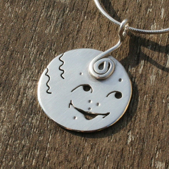Silver Jewelry, Silver Pendant, Smiley Moon, Girl in the Moon, fun necklace