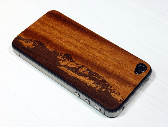 Rocky Mountain Etching on Real Wood iPhone Skin Sticker