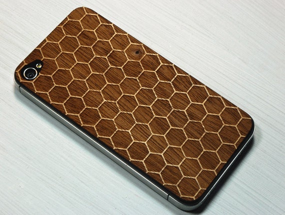 Honeycomb 3 Etching on Real Wood iPhone Skin Sticker