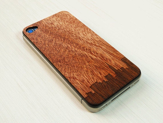 San Francisco Skyline Etching on Real Wood iPhone Skin Sticker
