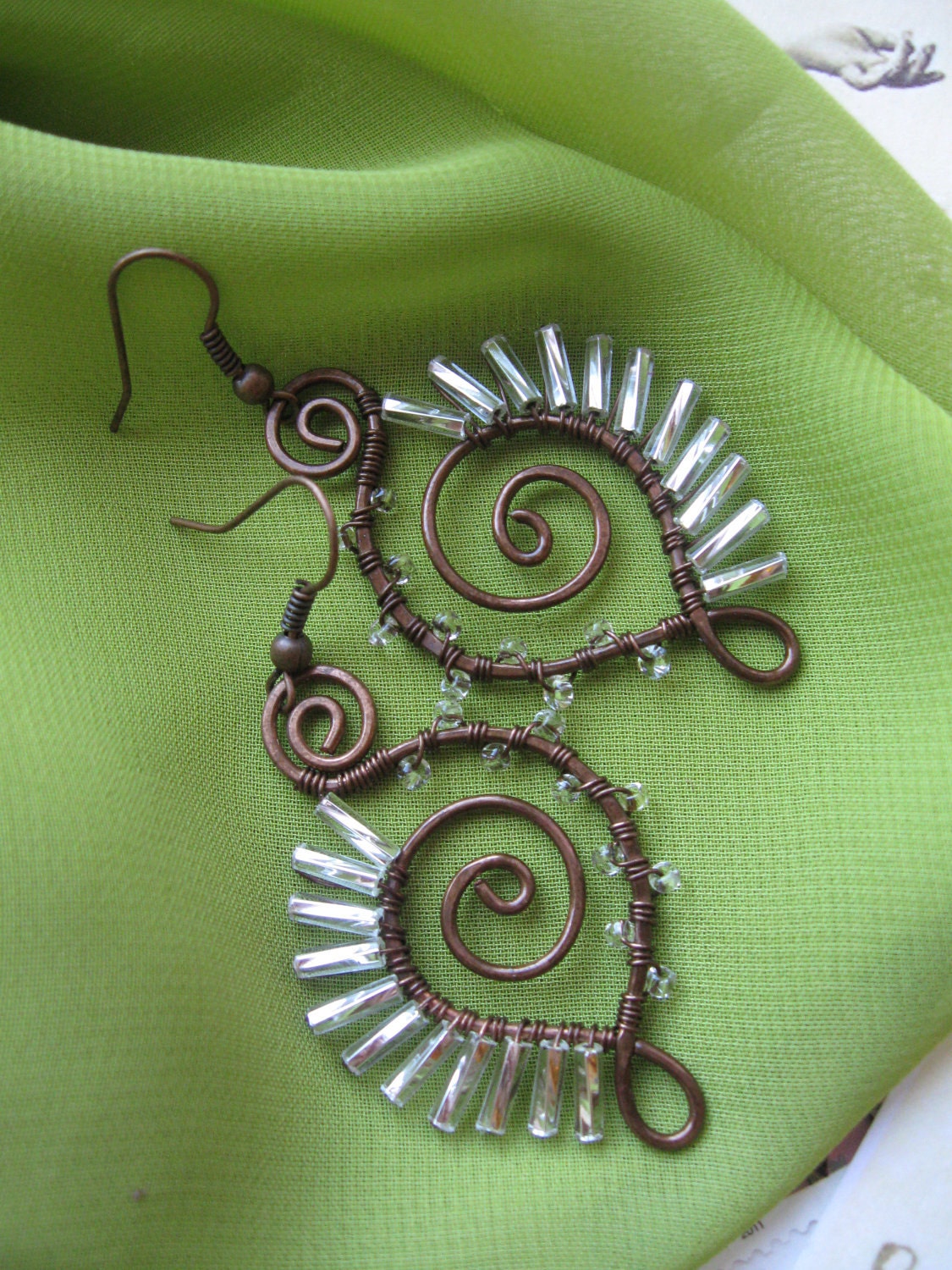 Made to Order Porcupine Earrings - Whimsical Artisan Wire Wrapped Copper and Glass (feather, wings, white, shiny, swirls, spiral)