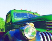 Rusty Chevy Truck Vintage Green with light Blue Sky. Signed Photo "Watercolor" artwork.