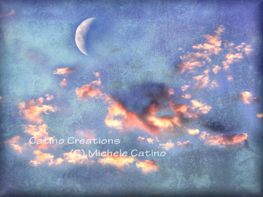 Glowing Orange Clouds in Heavenly Indigo Blue Surreal Sky with Crescent Moon. Signed Photo Art. - CatinoCreations