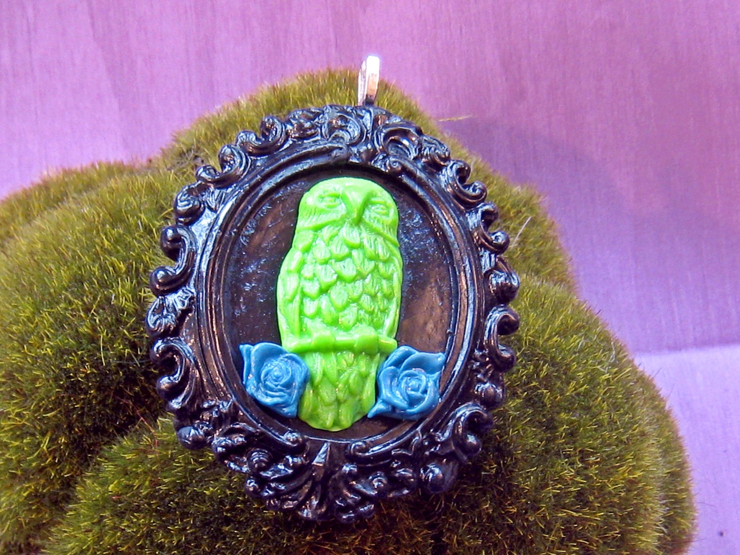 Green Owl with Blue Roses Pendant