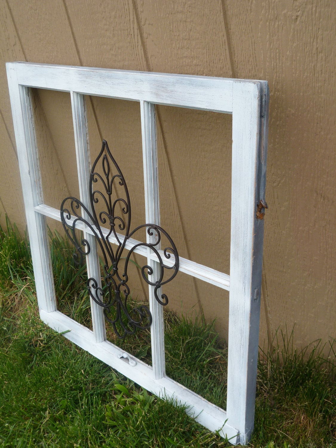 Made To Order Upcycled White Vintage Window Frame Fleur De Lis Iron Wall Decor Wall hanging Patio Decor