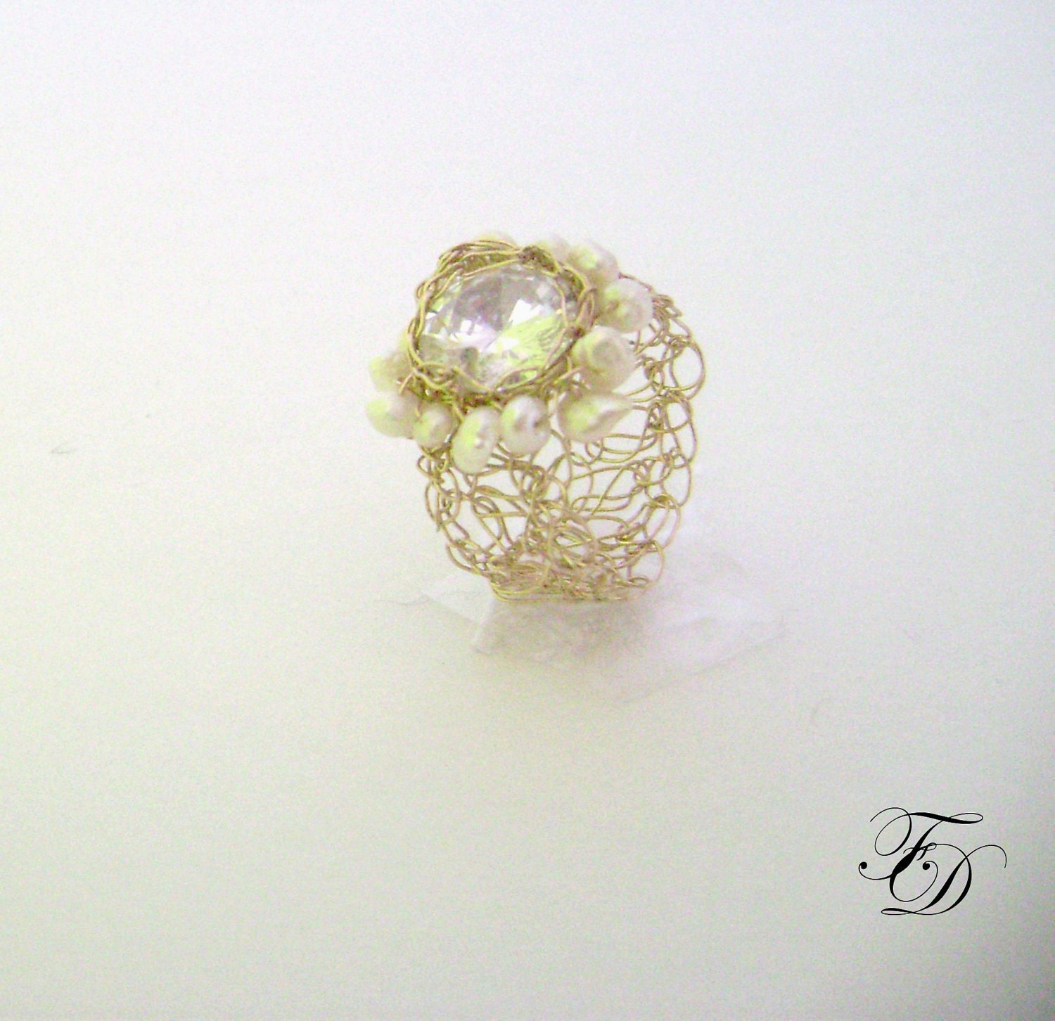 25% off Black friday sale--Cubic Zirconia and pearl ring,Wire Crochet Ring ,Custom size