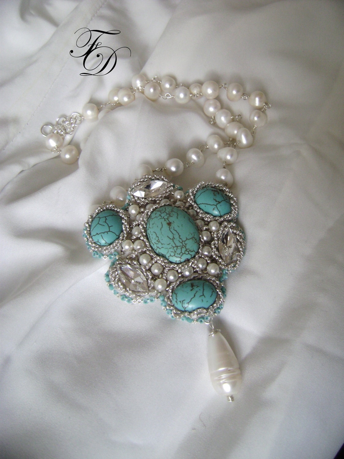 Pearl and Turquoise Gemstone Sterling silver necklace,statement necklace