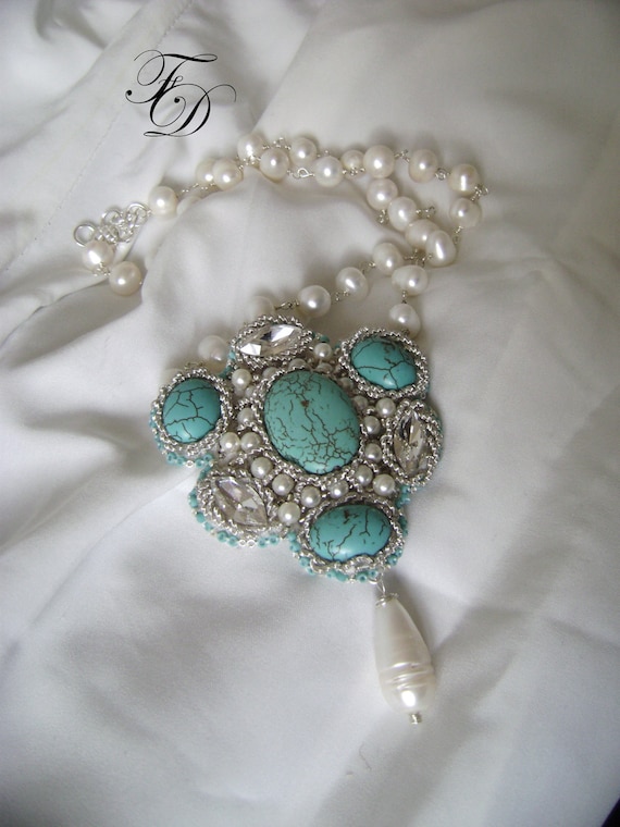 Pearl and Turquoise Gemstone Sterling silver necklace,statement necklace