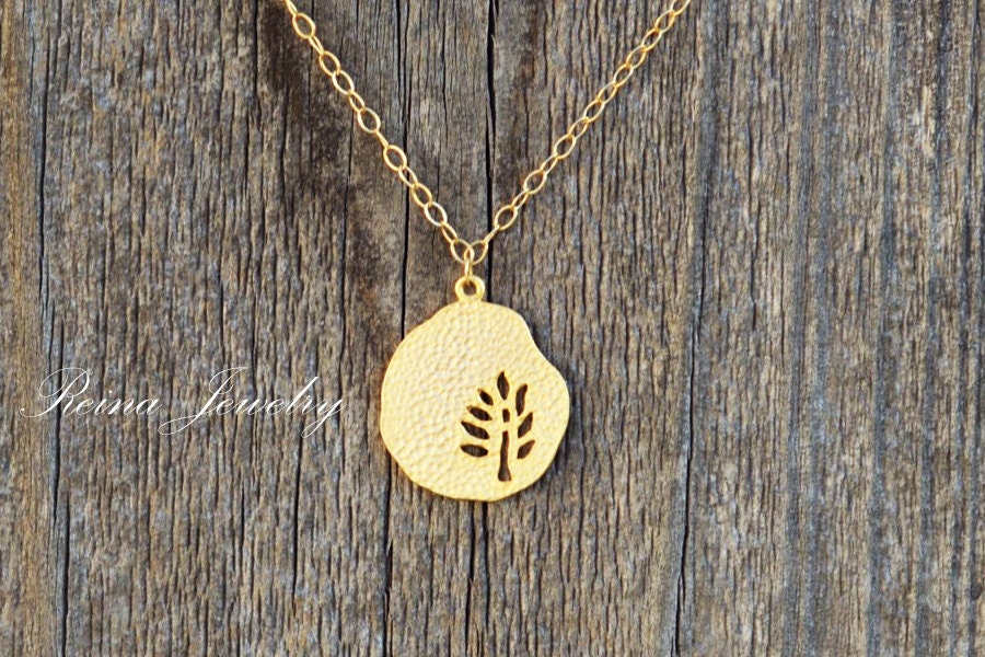 Hammered Pendant - Tree Necklace - Small Gold Charm Necklace - Tree of Life